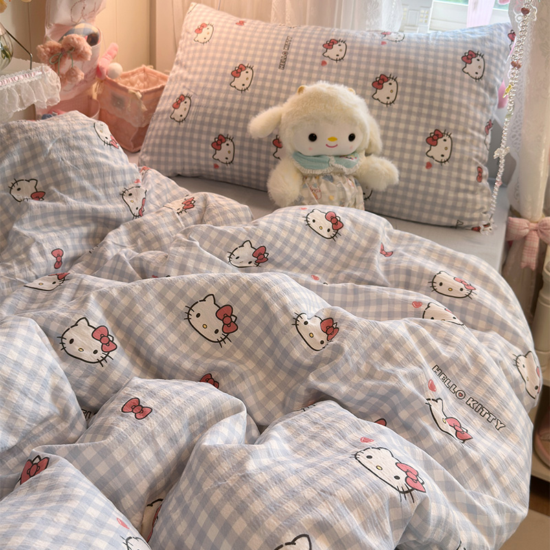 可爱卡通ins少女KT蓝床单四件套