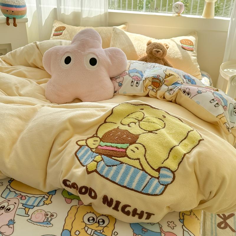 冬季奶油黄海绵宝贝毛巾绣牛奶绒