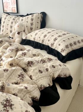 法式复古少女田园碎花水洗棉床上四件套全棉被套花边款学生三件套