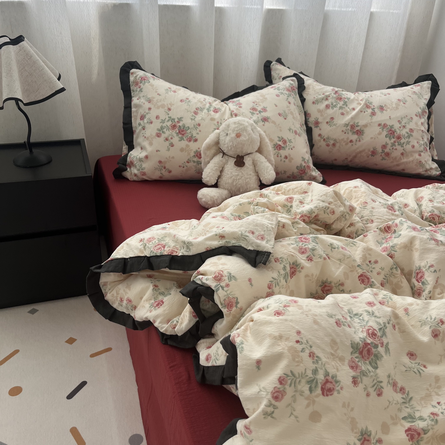 田园复古玫瑰花皱皱纱床单四件套