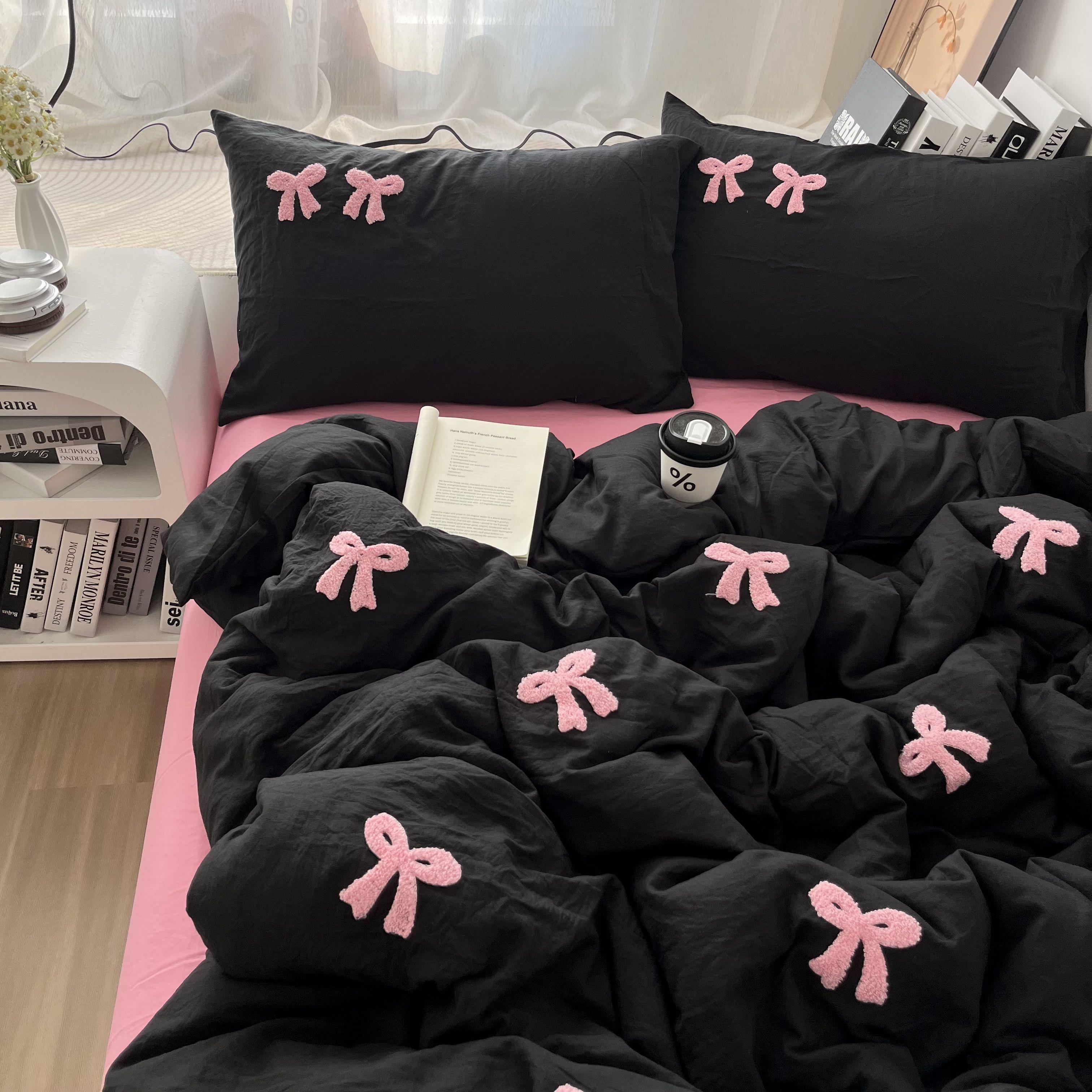 ins少女甜酷玫粉黑蝴蝶结四件套