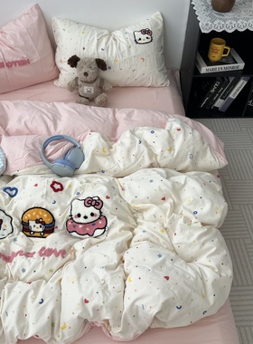 少女心ins可爱猫咪毛巾绣水洗棉床单四件套全棉被套纯棉三件套1.5