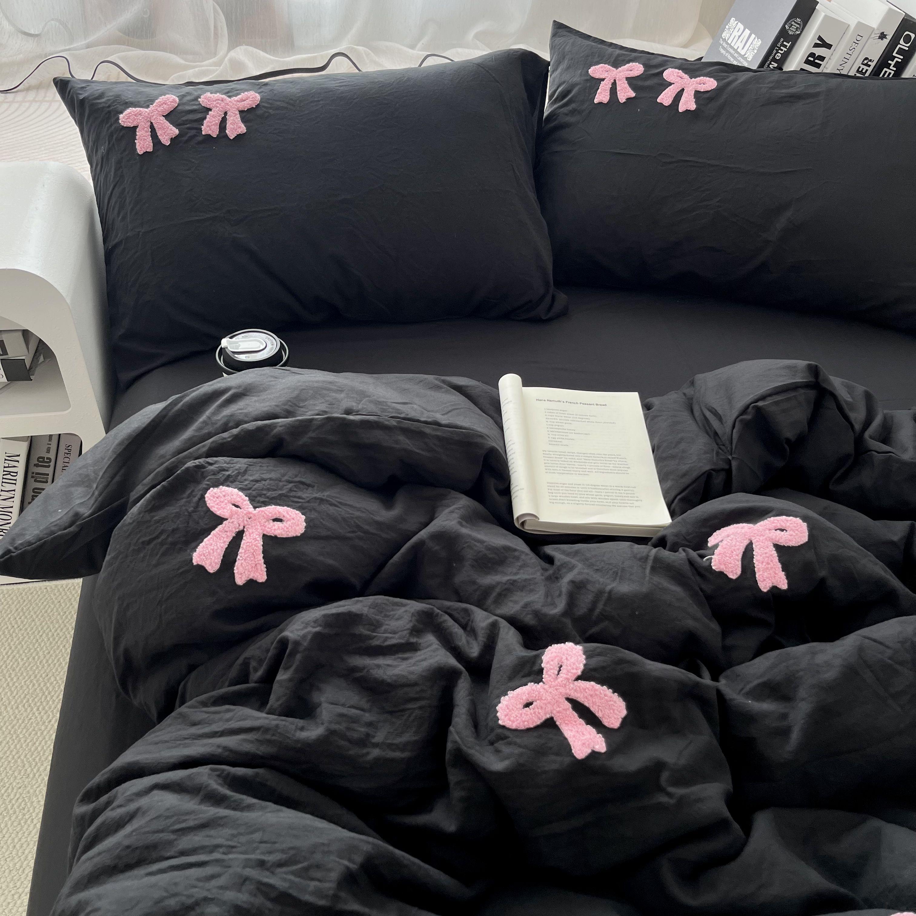 甜酷少女黑粉蝴蝶结毛巾绣四件套