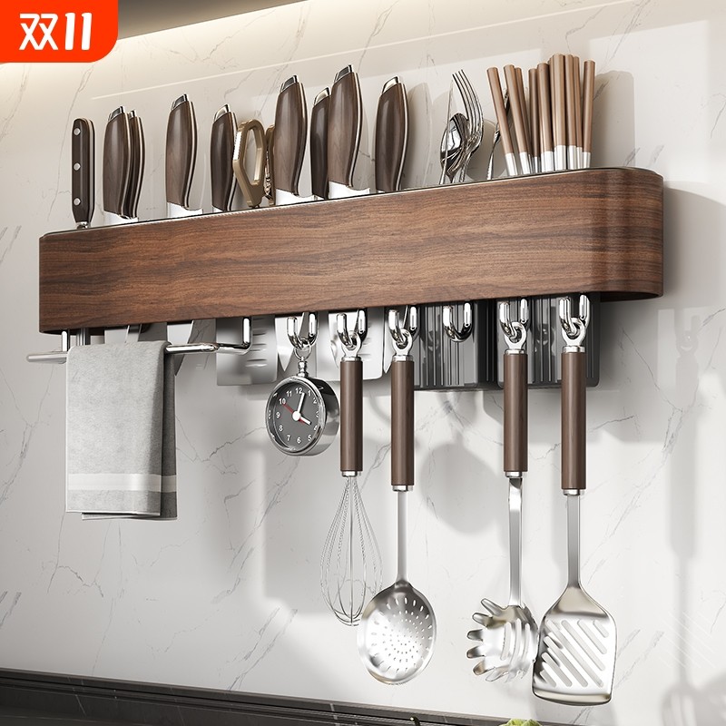 木纹不锈钢厨房置物架壁挂免打孔筷笼一体刀具锅铲收纳架子,厨房/烹饪用具,厨房墙壁置物架/厨房墙壁挂架,淘宝优惠券,粉丝福利购,淘宝优惠卷