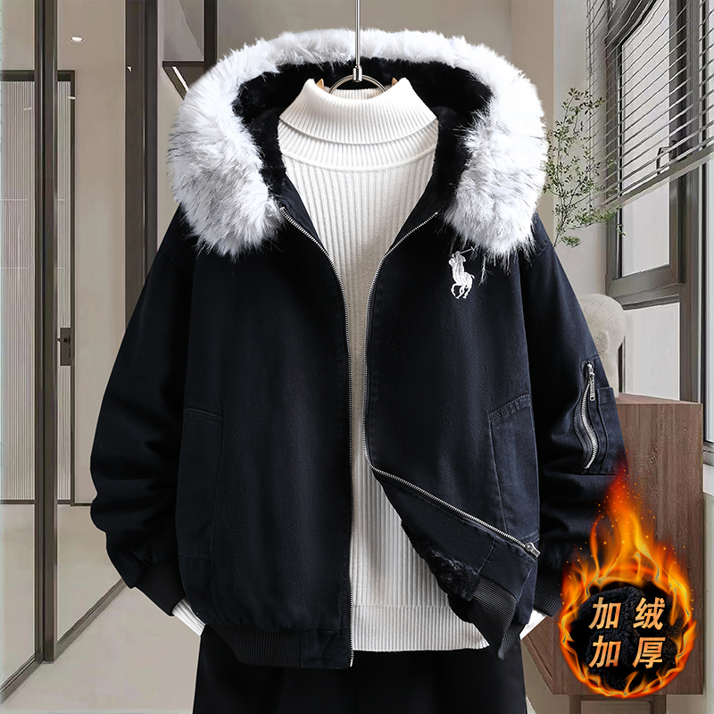 新款男士加绒加厚牛仔外套大毛领