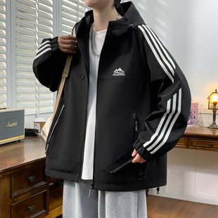 港式连帽夹克外套男春秋宽松休闲拉链上衣轻运动风黑色
