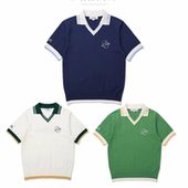 新款 针织衫 韩国高尔夫服装 条纹组织短袖 翻领拼色上衣 女款 春季