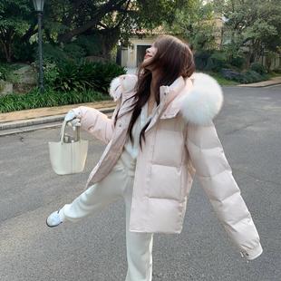 粉色排骨羽绒服女冬轻薄小个子连帽狐狸毛大毛领中长款 面包服外套