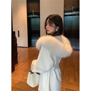 雪后初霁2025毛呢外套新款狐狸毛中长款连帽双面羊毛绒大衣女秋冬