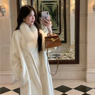 韩系佳人 100%羊毛双面呢大衣女高级感羊绒外套狐狸毛领 2025新款