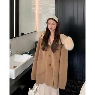 巴黎特调 AB面大衣狐狸毛领毛呢外套女2025冬连帽休闲显瘦双面呢