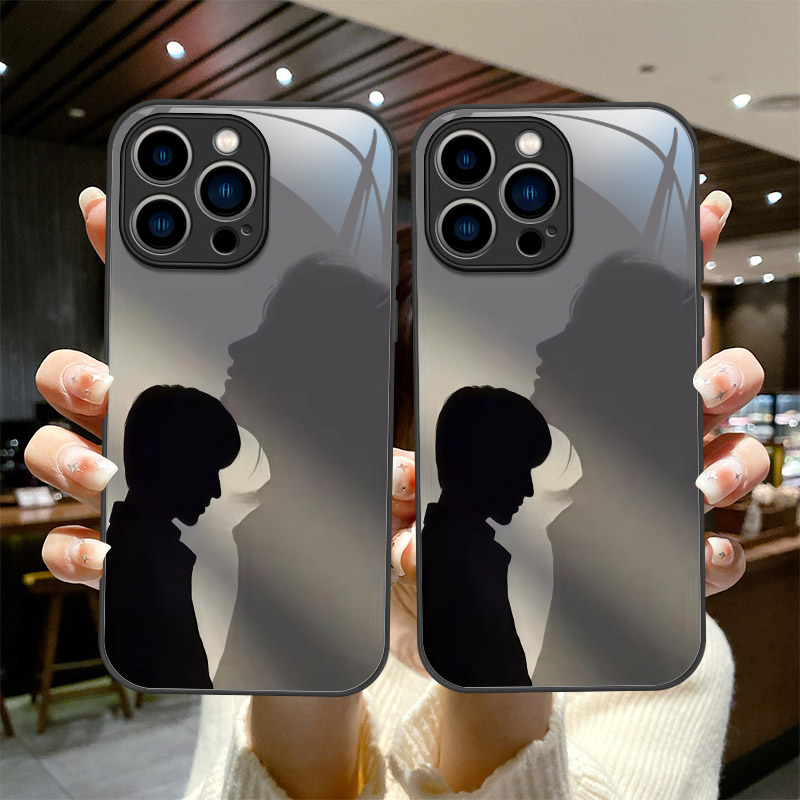新款情侣影子男女适用于11苹果16promax手机壳钢化玻璃12iPhone15高级感防摔全包16E硅胶软边13p创意14保护套