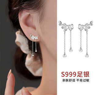 S999纯银桃花枝流苏耳钉女小众设计高级感耳坠2025年新款爆款耳饰