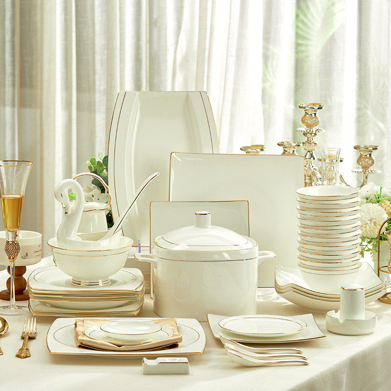 景德镇骨瓷碗碟套装家用高级感轻奢餐具简约碗盘子组合乔迁送礼