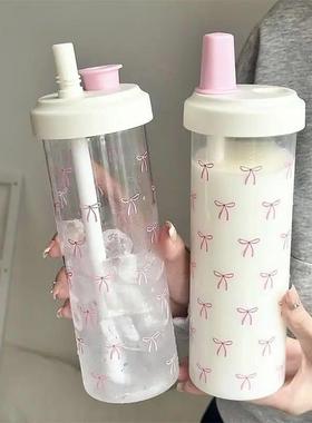500/700ML Pink Bow Straw Water Bottle With Lid Cute Coffee B