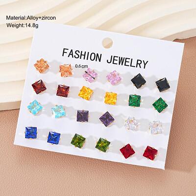 12 piece set of colored earrings跨境多巴胺彩色方形锆石耳钉