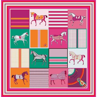 90cm Classic Checkered Horse Brand Square Scarf Women Twill