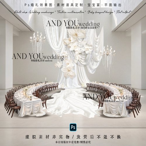 A446韩式大气浅香槟色蕾丝布幔婚礼迎宾效果图纸艺花朵婚礼素材ps