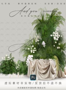 A167 小众白色褶皱布幔婚礼迎宾区psd源文件白绿色自然系婚礼花艺
