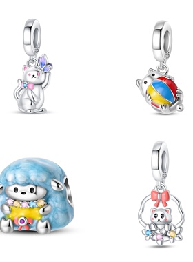 2024新品潘家风格铜镀银创意动物-小猫戏蝶吊坠萌宠与生活系列