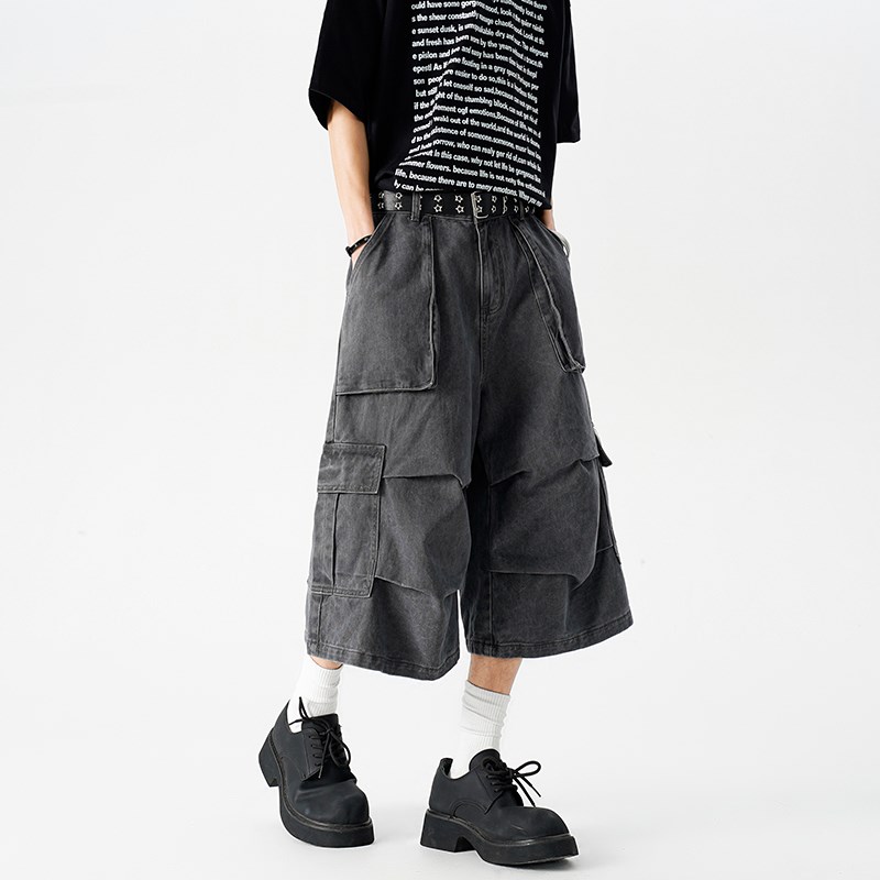 灰色美式工装裤子男直筒春夏季高街ootd穿搭宽松阔腿七分牛仔短裤