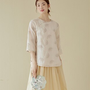 春夏中国风禅意茶服学生中式唐装半身裙改良汉服套装苎麻刺绣上衣