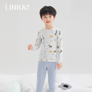 林卡秋冬款男童家居服优可丝面料亲肤柔软萌趣恐龙印花圆领套装