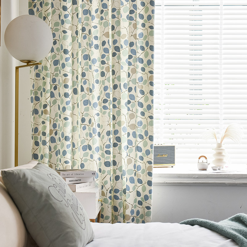 全棉简约森系田园绿色小清新树叶半遮光儿童房卧室客厅落地窗帘