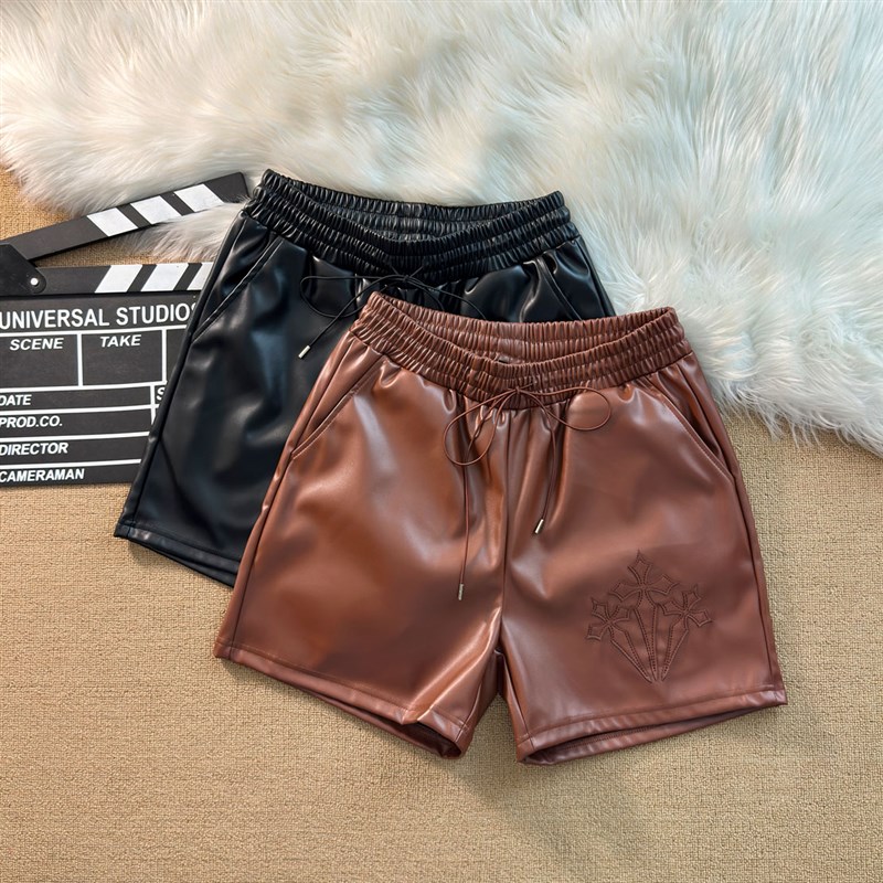 十字架刺绣男女皮短裤新款潮流宽松休闲百搭个性PU皮革四分裤复古
