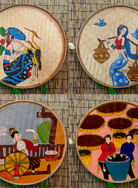 手绘竹编簸箕画云南特色文化装饰画田园民宿墙面墙壁挂饰挂件壁饰