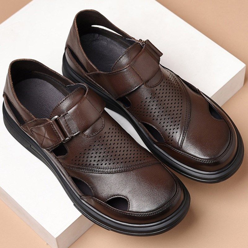 夏季镂空鞋子男士休闲鞋真皮软皮防滑爸爸鞋套脚头层牛皮男凉皮鞋,流行男鞋,休闲凉鞋,淘宝优惠券,粉丝福利购,淘宝优惠卷