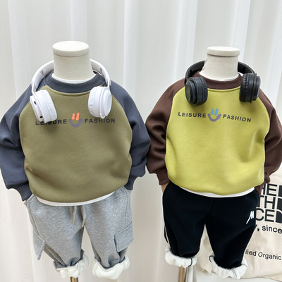 男童秋冬加绒卫衣2023新款儿童休闲一体绒套头衫男孩冬季薄绒上衣