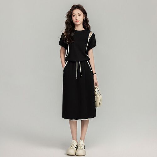 2025夏装新款高端漏肩短袖半身裙套装女时尚洋气显瘦减龄两件套