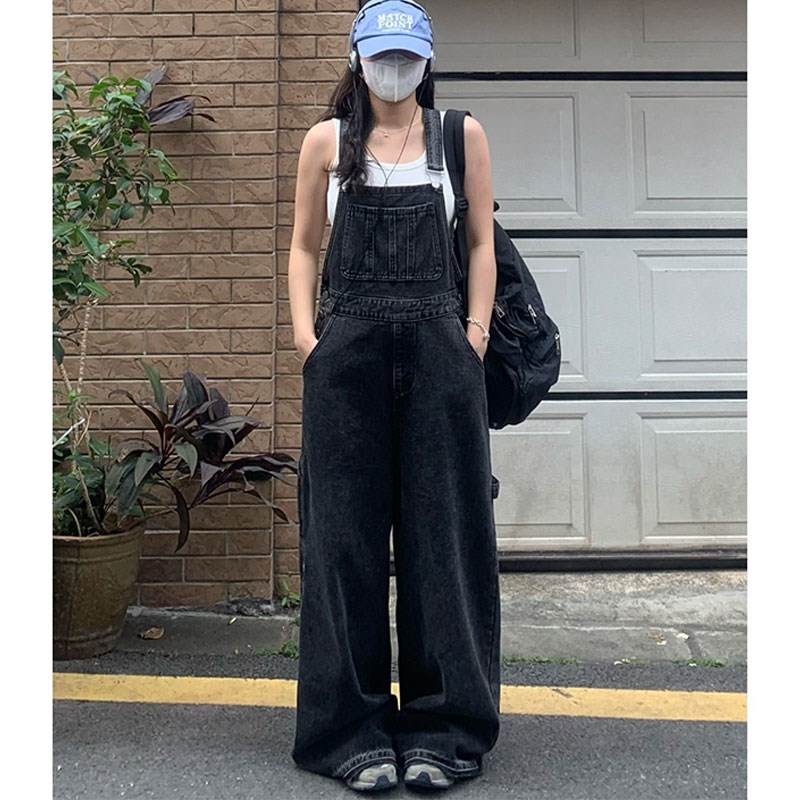 2-300斤加肥加大胖mm复古牛仔背带裤女夏季宽松显瘦遮肚阔腿长裤