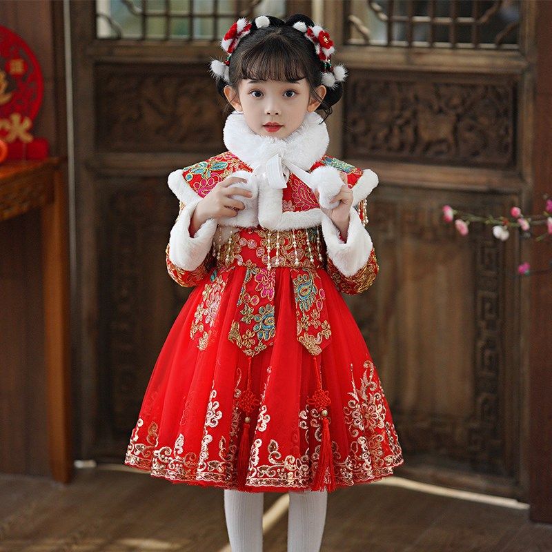 儿童唐装旗袍洋装2023新款中国风古装加绒女童裙子宝宝拜年服冬
