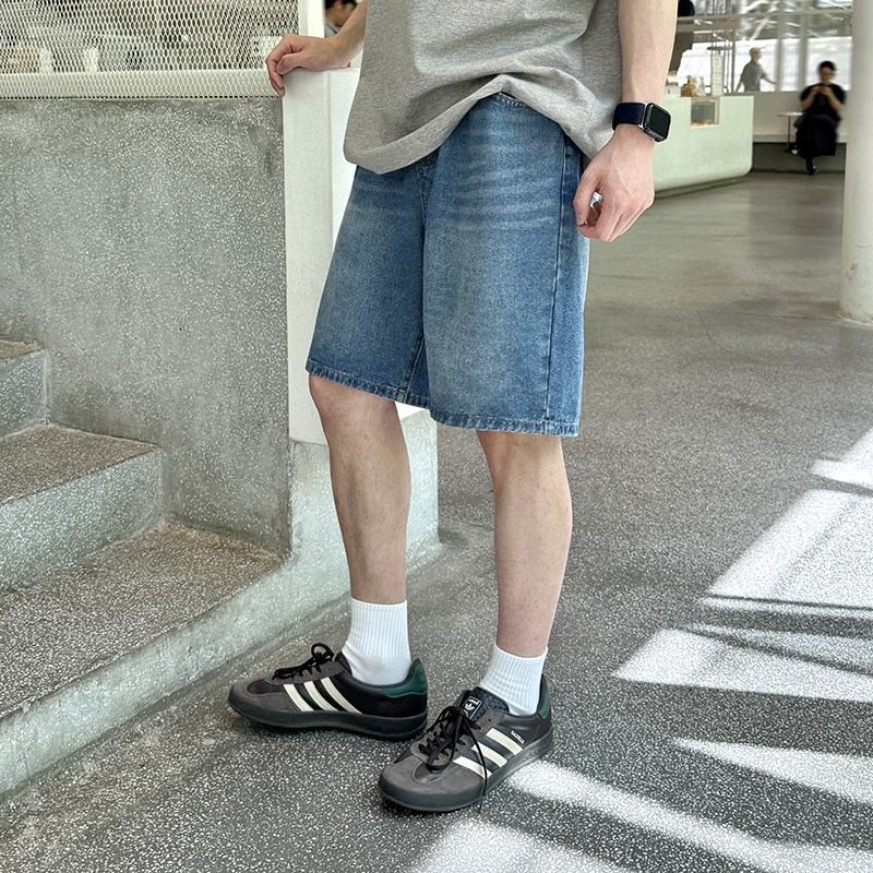 蓝色松紧腰水洗牛仔短裤五分裤子男生夏季2025新款宽松休闲潮流