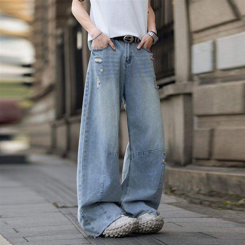 夏季2025新款破洞牛仔裤男生潮流薄款裤子宽松直筒休闲裤个性长裤