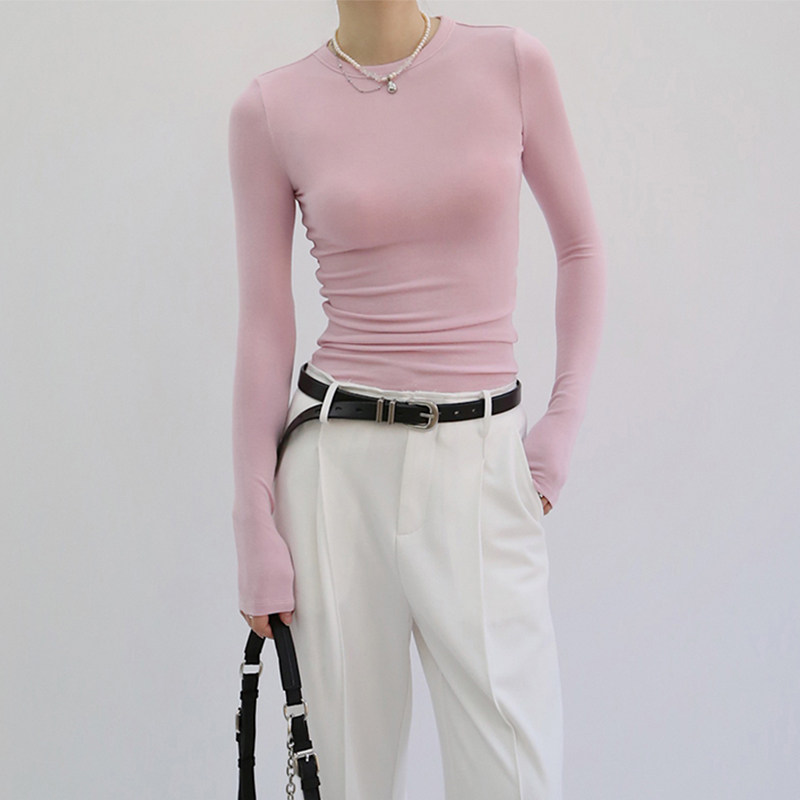 新款圆领修身内搭白t显瘦粉色长袖t恤黑色紧身针织上衣打底衫+女