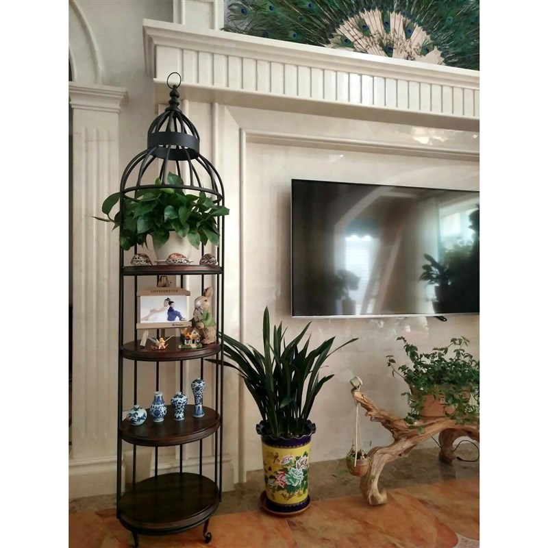 复古铁艺花架圆形展示架鸟笼层架实木多层搁架客S厅落地置物架书