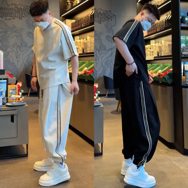 春夏运动休闲套装男潮牌简约宽松短袖T恤时尚哈伦束脚卫裤两件套