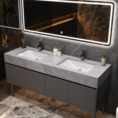 轻奢大理石双盆落地式浴室柜组合公共卫生间智能洗漱台洗脸盆套装