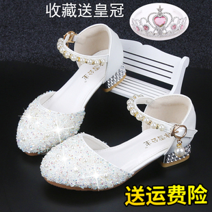 模特走秀钢琴主持配礼服演出单皮鞋 女童水晶公主鞋 白色儿童高跟鞋