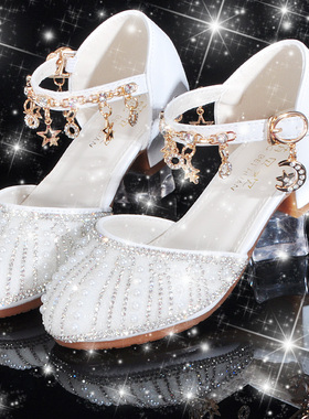 公主鞋女童配礼服软底银白色儿童粗跟鞋女大童演出皮鞋舞台水晶鞋