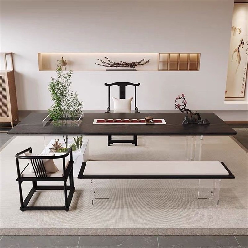 侘寂风实木大板茶桌椅组合亚克力悬浮茶台客厅家用现代简约泡茶桌