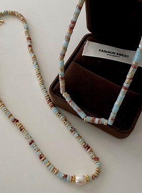 天然寿山石串珠项链珍珠饰品新中式多巴胺古风复古高级感锁骨链女