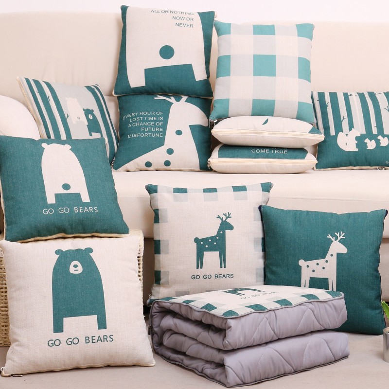 北欧风棉麻卡通抱枕被子两用午睡枕头汽车办公室枕靠垫空调被毯子