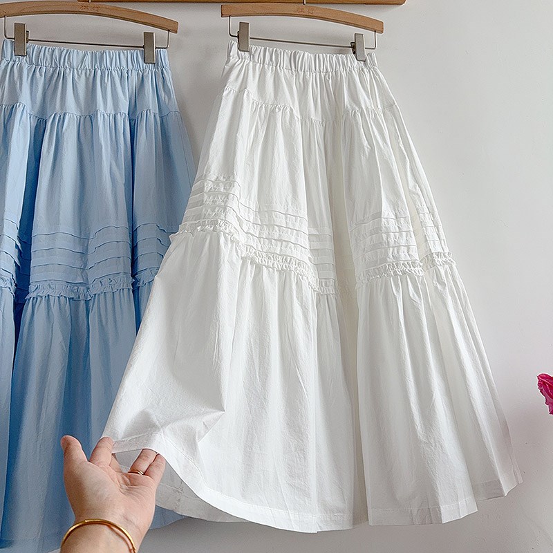 小清新压褶花边蓬蓬半身裙日系甜美垂感显瘦中长款a字伞裙大摆裙