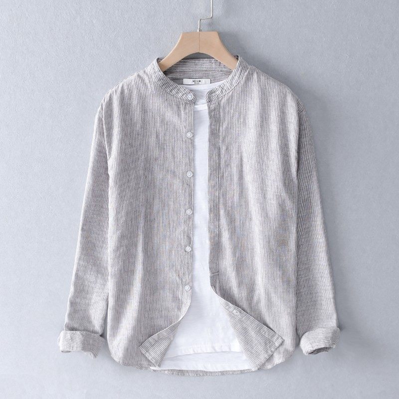 日系条纹亚麻衬衫男长袖休闲复古宽松立领棉麻衬衣男外穿夏季上衣