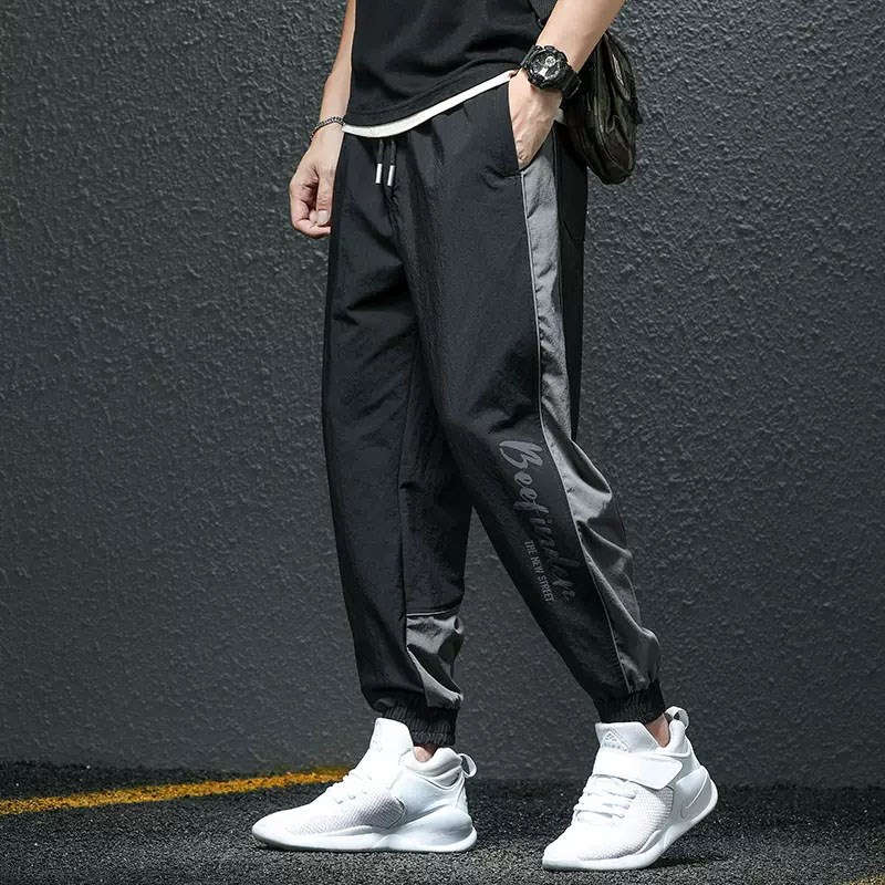 夏季薄款速干休闲裤男士潮牌宽松大码胖子男裤冰丝运动裤子哈伦裤