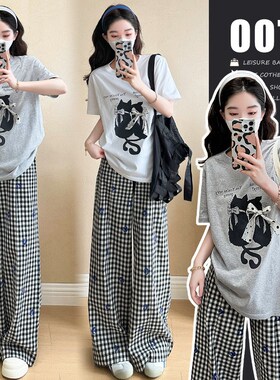 孕妇装夏款202k5新款夏装套装时尚格子吊带上衣休闲阔腿长裤两件